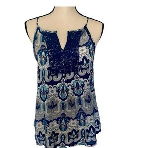 Solitaire Tunic Tank Top Blue Lace and Blue/Turquoise and White Print.
